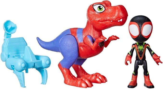 Marvel Spidey and His Amazing Friends Dino-Webs Spidey-Rex & Miles “Spin” Morales 4-inch-Scale Spider-Man Action Figure Set, Toys for Kids