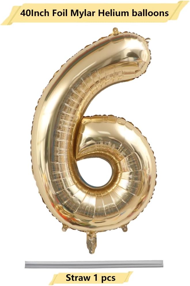 40 Inch Light Gold 6 Number Balloons Champagne Gold Giant 6 Foil Mylar Helium Large Digita Balloon for Girls Boys 6th Birthday Jumbo Balloon Anniversary Graduation Events Party Decorations Supplies