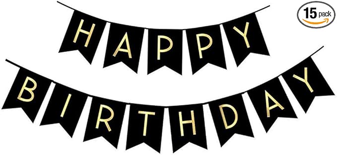 FECEDY Black Happy Birthday Bunting Banner with Shiny Gold Letters Party Supplies
