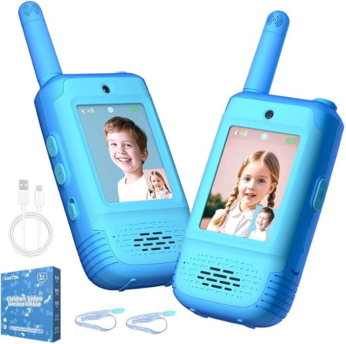 Video Walkie Talkies for Kids, Christmas Birthday Gifts Toys for Boys 3 4 5 6 7 8 Age, Kids Intercom with Video & 3 Voice Effects，Indoor Outdoor Toys Backyard, Camping, Hiking (Blue)