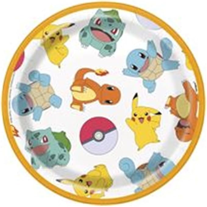 Unique Pokemon Birthday Party Supplies Bundle Pack includes 24 Dessert Cake Paper Plates 7" and 1 Dinosaur Sticker Sheet