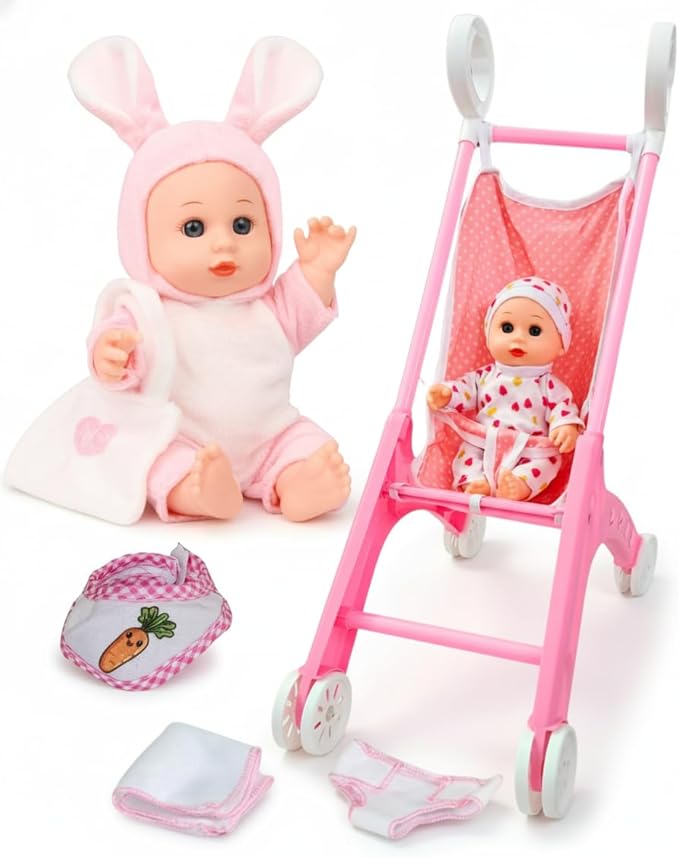 Baby Doll Stroller Set with 2 Doll Outfits, Toy Baby Stroller for Dolls with Diaper, Bib & Mini Bag, Imaginative Role-Play Gift for Toddlers 2+