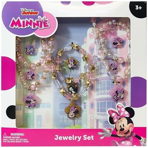 LUV HER Disney Minnie Girls Jewelry Set - Dress up Toy Jewelry Box Sets with Bead Necklace, Bead Bracelet and Ring - Play Accessories - Ages 3+