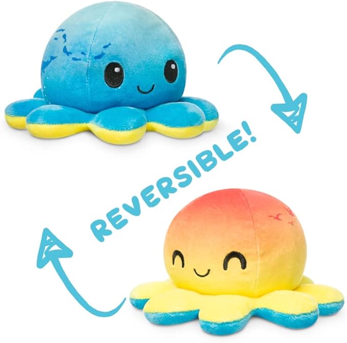 TeeTurtle Reversible Octopus Plushie 4 Inch Sunset + Ocean Two-Sided Flip Plush Toy with Embroidered Details Cute Mini Collectible Plush for Kids, Teens, and Adults