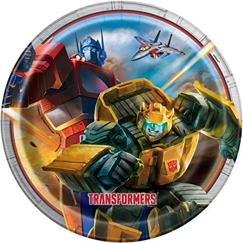 Transformers Birthday Party Supplies Bundle Set includes 16 Lunch Plates, 16 Napkins, 1 Table Cover, 1 Dinosaur Sticker Sheet (Serves 16)