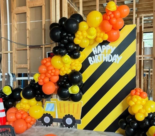 Construction Balloons, 12 inch Black Orange Yellow Balloons,Excavator Helmet Warning Printed Latex Balloons for Construction Party Birthday Truck Theme Baby Shower Boys Party Supplies