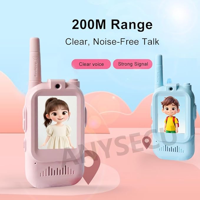 ANYSECU Kids Walkie Talkie JK200 with Video Intercom, 200M Range, Pink and Blue Set, USB Charging Cable and Lanyards Included