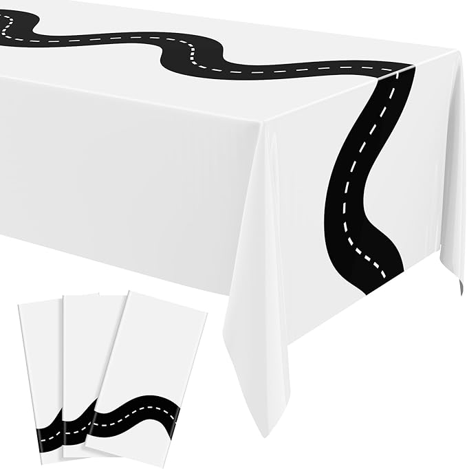 Irenare 3 Pcs Racing Table Cloths Car Birthday Party Supplies 54 x 108 Inch Racetrack Table Runner Covers Disposable Rectangular Road Tablecloth for Kids Boy Car Theme Birthday Party Decor (White)