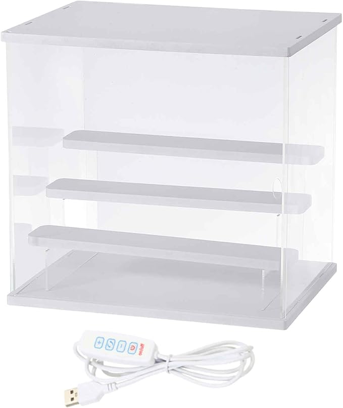 MECCANIXITY Clear Display Case, 4 Layer Acrylic Figure Display Case Clear Display Boxes for Collectibles, Figures Model Toys Home Storage(with Square LED Light, 13x9x12 Inch White Base)