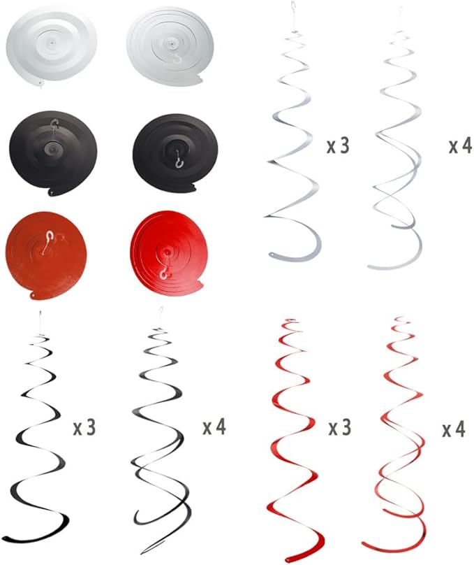 MOWO Silver Black and Red Foil Swirl Hanging Decoration Streamer for Birthday Graduation Retirement Halloween Theme Party, Pack of 21