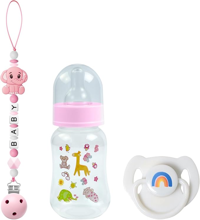 SCOM Reborn Baby Doll Accessories Set - Rainbow Magnetic Pacifiers & Removable Reusable Baby Doll Bottles with Silicone Pacifier Clips for Reallife Realistic Reborn Dolls Girls Boys, Pink Style, 3 Pcs