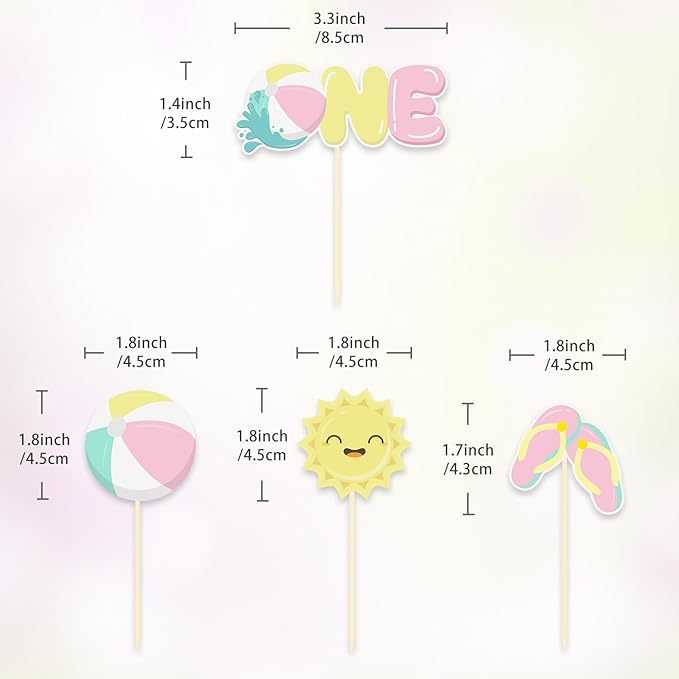 24 Pack Beach Ball 1st Birthday Cupcake Toppers, Pool Party Cake Decoration, Baby's First Birthday Cupcake Topper (1st birthday pink)