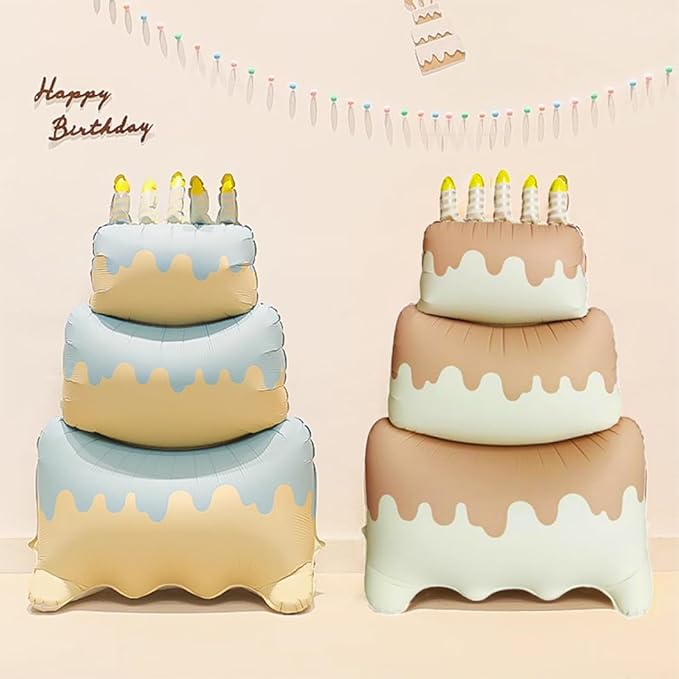Happy Birthday Cake Foil Standing Balloons 60 Inch,Gaint Three-Tier Matte Cream Blue Thickened Large Mylar Balloon for Girls Women Boys Kids Baby Shower Birthday Party Decorations Supplies