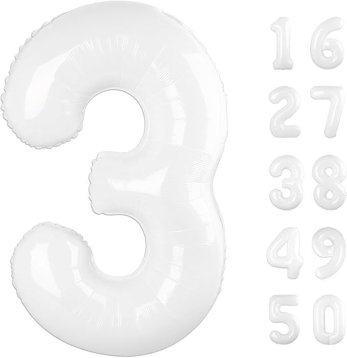 40 Inch White 3 Balloon Giant Mylar Number 3 13 23 30 33 Year Old Birthday Large Foil Helium Number Balloons Party Decorations Supplies Anniversary
