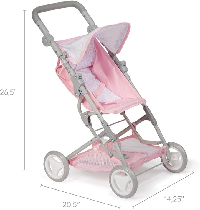 JC Toys - Berenguer Boutique | Fashionable Stroller with Canopy and Storage | Simple Folding |Pink Floral Collection | for Dolls up to 18" | Ages 3+