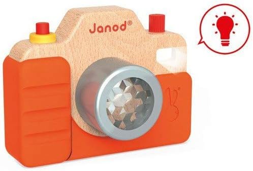 Janod Beech Wood Toddler Camera with Light & Sound Effects & Silicone Cover for Pretend Play Ages 18 Months+