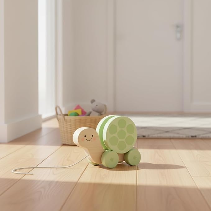 Pearhead Wooden Turtle Push and Pull Toy, Montessori Shake and Rattle Shell, Baby Walking and Gross Motor Development Learning, Pull Along Car Toy, Ages 12m+