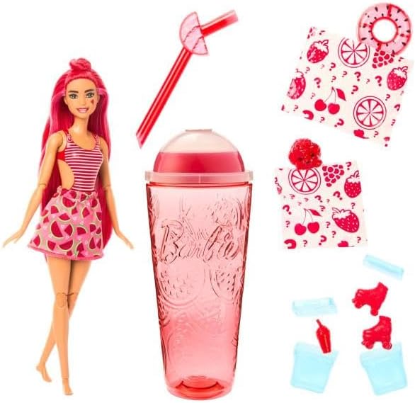 Barbie Pop Reveal Doll & Accessories, Watermelon Crush Scent with Red Hair, 8 Surprises Include Slime & Squishy Puppy
