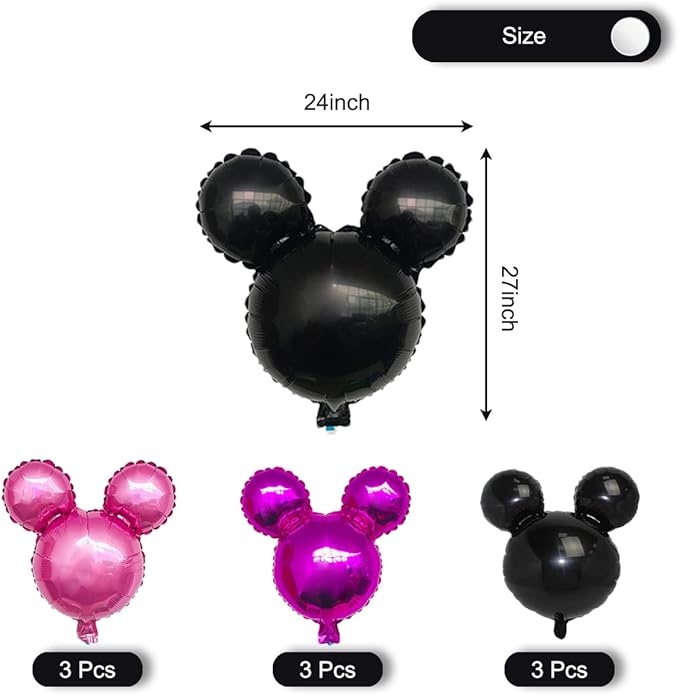 9Pcs Pink Mouse Party Foil Balloons, 27” Black, Rose Red, Pink Balloons, Cartoon Mouse Party, Baby Party, Girl Party, Kids Birthday Theme Party Decoration Supplies