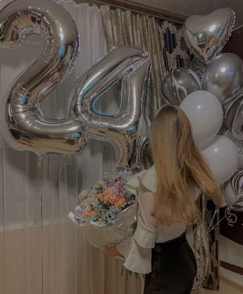 40 Inch Silver Large Number 4 Birthday Balloon, Giant Number Four 14 24 34 40 44 Balloons, Foil Mylar Big Balloons for Anniversary Graduation Supplies Decorations