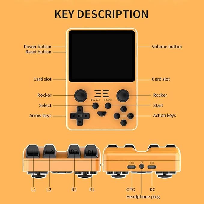 Powkiddy RGB20S Handheld Game Console, 3.5 Inch IPS Screen, 15,000 Built-in Games, 64GB, White, Linux Platform, Battery Powered (Yellow)