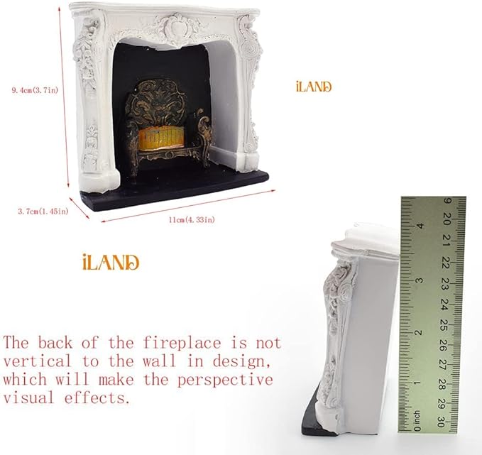iLAND Dollhouse Furniture and Accessories of Dollhouse Fireplace on 1/12 Scale w/Fire Light & Fireplace Tools & Tong & Firewood Rack (Rococo 4pcs)