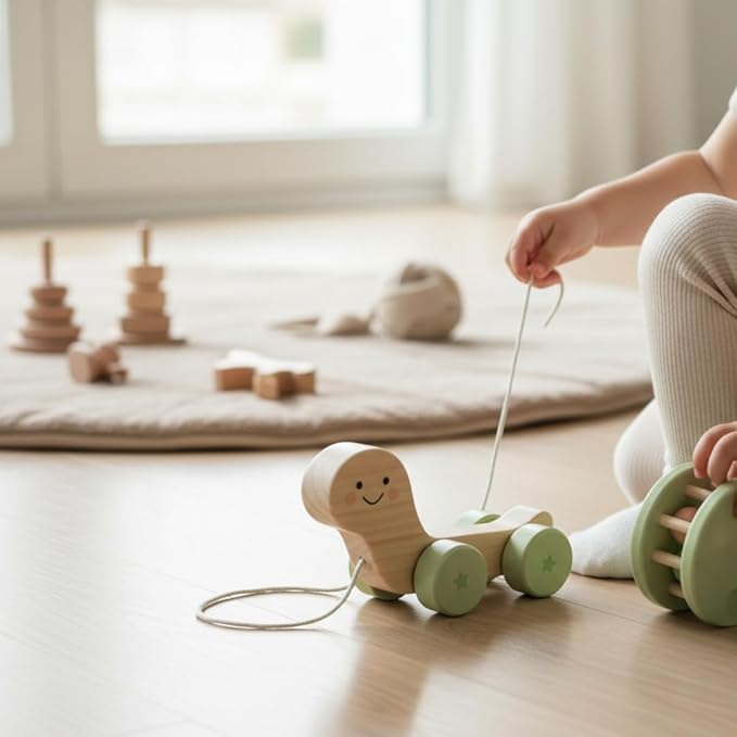 Pearhead Wooden Turtle Push and Pull Toy, Montessori Shake and Rattle Shell, Baby Walking and Gross Motor Development Learning, Pull Along Car Toy, Ages 12m+