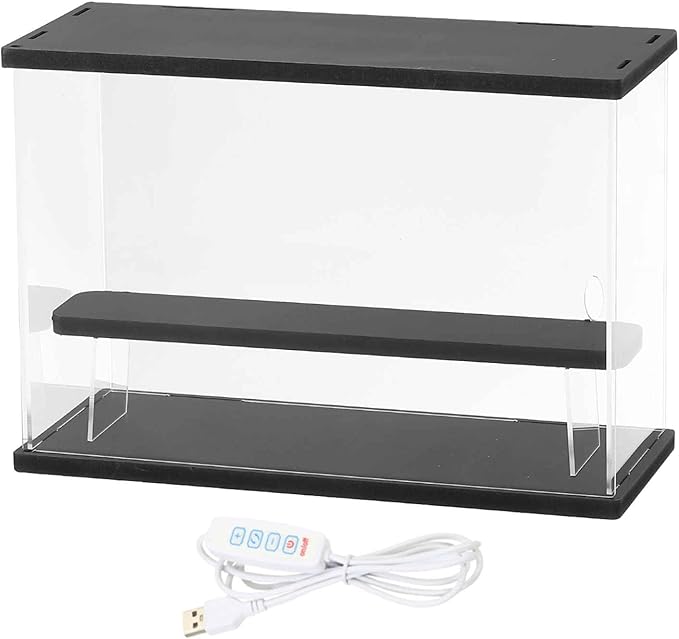 MECCANIXITY Clear Display Case, 2 Layer Acrylic Figure Display Case Clear Display Boxes for Collectibles, Figures Model Toys Home Storage(with Square LED Light, 13x5x9 Inch Black Base)