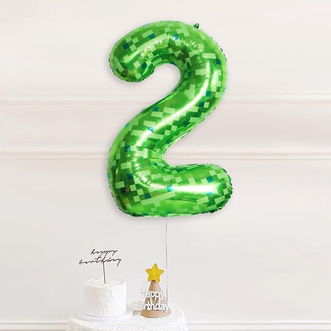 2Pcs Large Pixel Boxes Cube Foil balloons 22Inch Video Game Miner Theme Mylar Balloon Pixel Mining Game Birthday Party Decorations Supplies Green