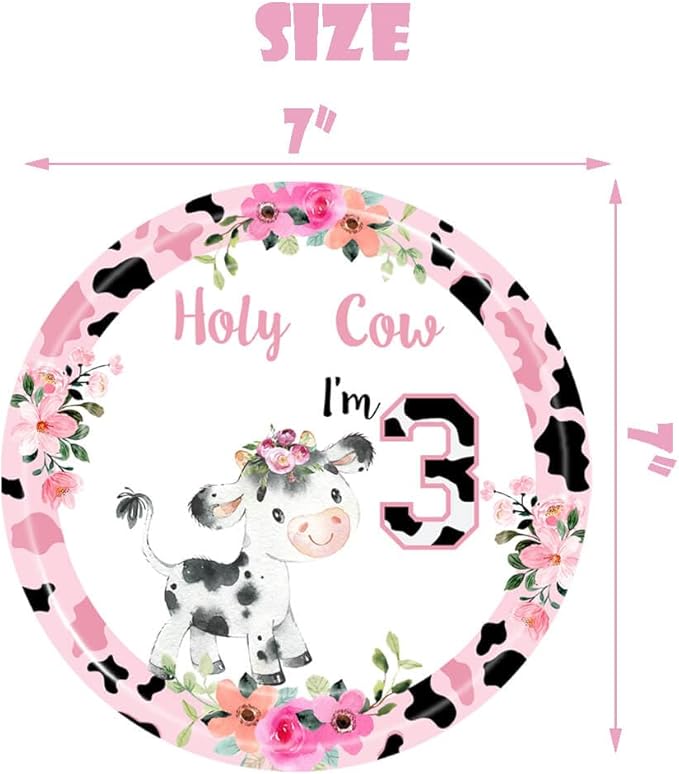 Holy Cow I'm Three Girls Birthday Party Plates Cow Three Years Old Paper Dinner Plates Dinnerware for Farm Animals Cow Themed Girls 3rd Birthday Party Supplies Decorations