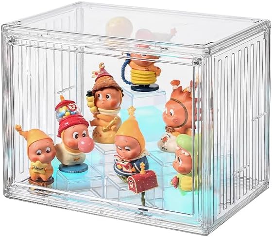 LED Lighted Display Case for Figures, Multi-Level Acrylic Display Box with Magnetic Door, Clear PET Organizer for Collectibles, Action Figures, Miniatures & Anime Desk Decor