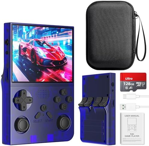 R40 Retro Handheld Game Console with Storage Case - Open Source System,3.5" IPS Screen, 18,000+ Classic Games, 128G TF Card, 3000mAh Battery, Portable Gaming Player for Travel, Blue