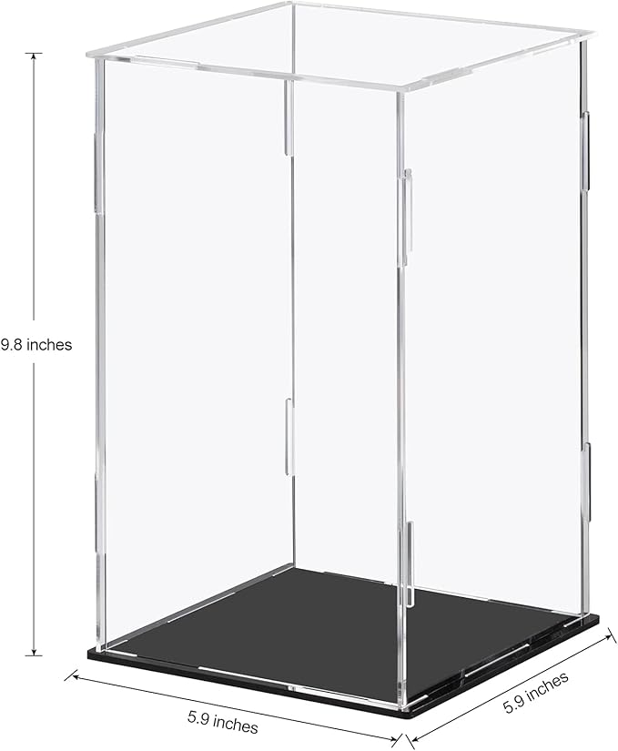 Acrylic Display Case Clear Display Box with Mirror Countertop Cube for Collectibles, Action Figures, Miniature Figurines Dustproof Protection Storage & Organizing (Black, 5.9x5.9x9.8in)