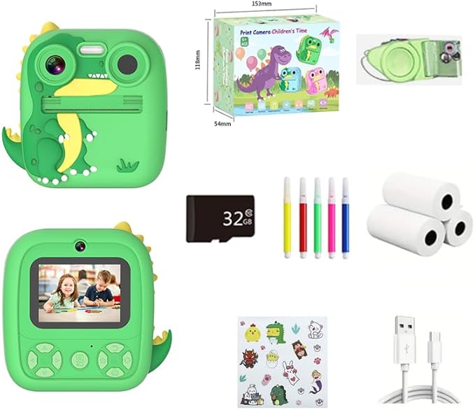 Kids Camera Instant Print,Boy Girls Toys Digital Camera with Print Paper&32G TF Card,Dinosaur Selfie Camera with Color Pens & Stickers,Kids Video Camcorder Learning Camera w Lanyard,Birthday Gift