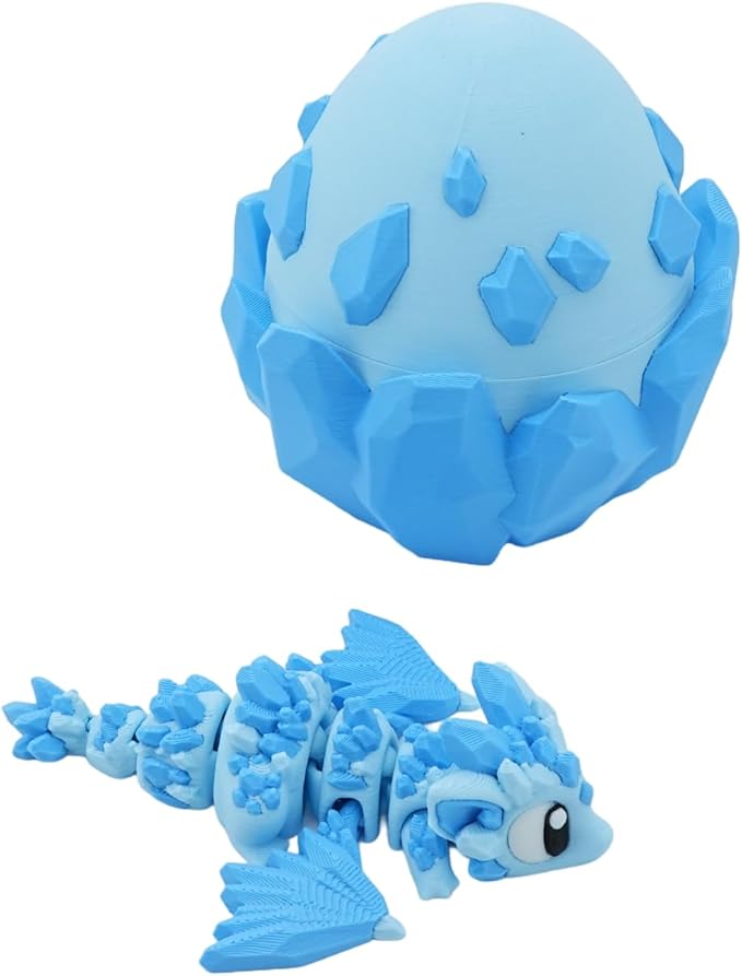 3D Printed Crystal in Egg – Articulated Ice Dragon Figure with Detailed Eggshell – Fantasy Collectible (Blue 1 Dragon and 1 Egg)