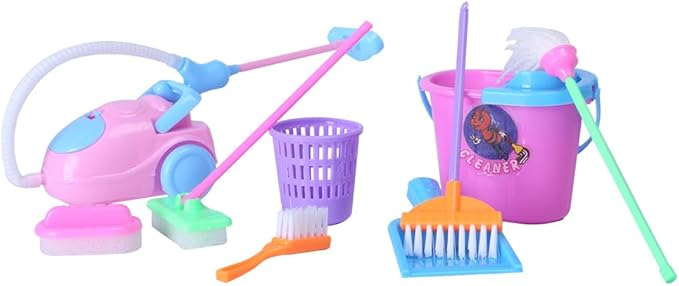 E-TING Miniature Mop Dust Pan, Brush, Broom, Plastic Bucket Doll Housework Cleaning Supplies Tools Set Dollhouse Furniture Decoration Accessories for 7-11.5 inch Dolls Accessories, Multicolored