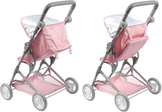JC Toys - Berenguer Boutique | Fashionable Stroller with Canopy and Storage | Simple Folding |Pink Floral Collection | for Dolls up to 18" | Ages 3+
