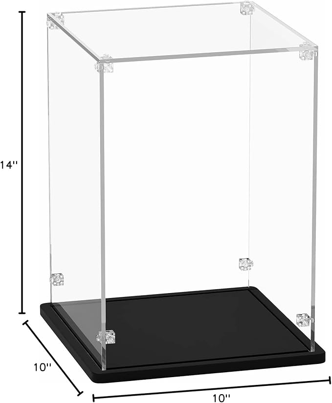 Acrylic Display Case 10x10x14 Inch - 3mm Thick Acrylic Display Box with Black Wooden Base, Assemble Dustproof Showcase Clear Display Case for Collectibles Figures Doll Toys Models Organizing