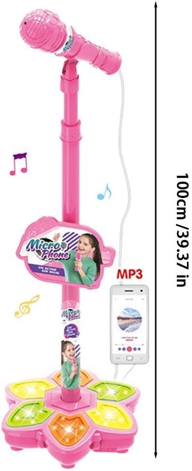 Adjustable Kids Karaoke Microphone with Stand, Extends up to 39.4” Height, Detachable Handheld Mic with LED Light Base & Type-C Adapter, Compatible with Android/iOS/PC for Singing & Parties