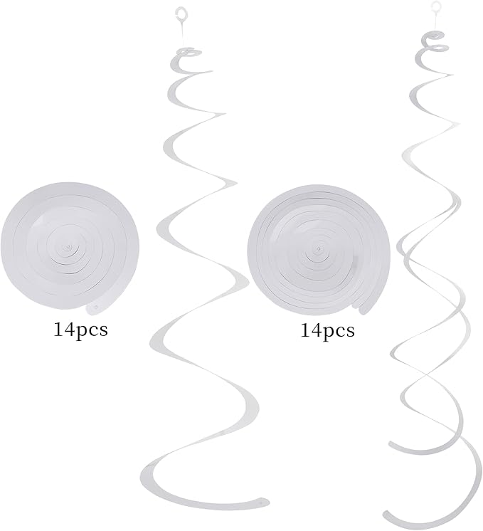 Sliver Ceiling Swirl Foil Decorations Hanging Plastic Streamer Themed Swirl Party for Graduation Celebration, Pack of 28