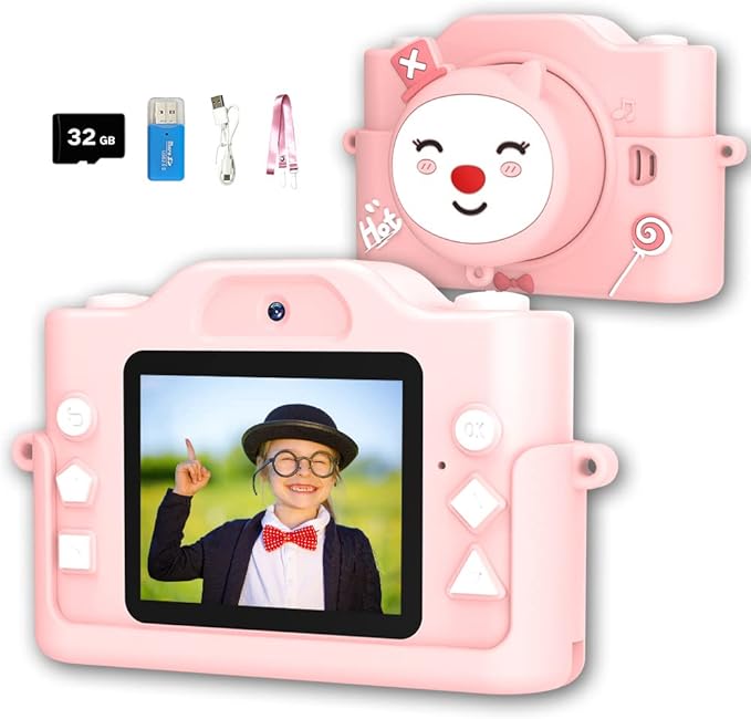 Kids Selfie Camera,Christmas Birthday Gifts for Boys Age 3-9,HD Digital Video Cameras for Toddler,Toy for 3 4 5 6 7 9 Year Old Teens with 32GB SD Card,Kids Toys Gifts for Birthday (Pink)