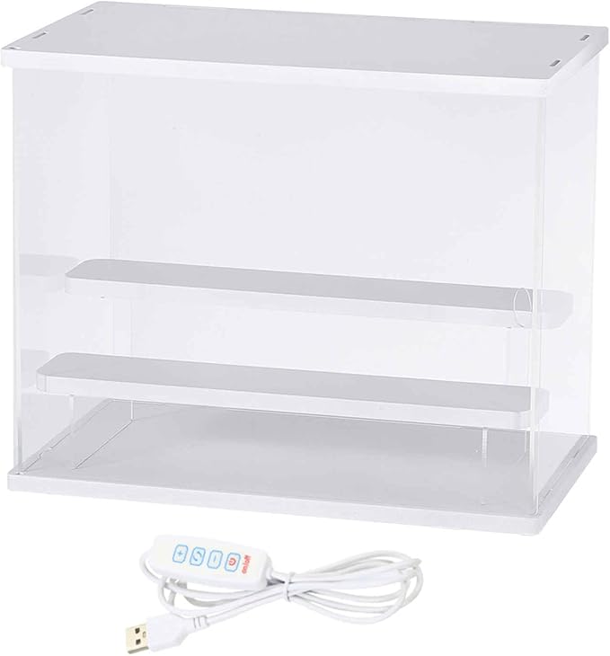 MECCANIXITY Clear Display Case, 3 Layer Acrylic Figure Display Case Clear Display Boxes for Collectibles, Figures Model Toys Home Storage(with Square LED Light, 13x7x10 Inch White Base)