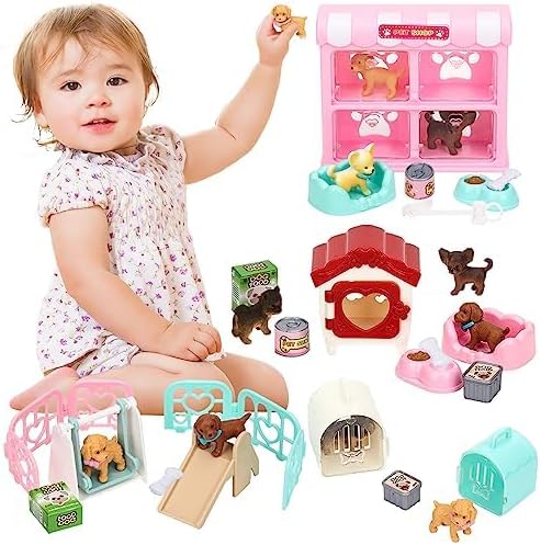 SweetAce 32Pcs Dog Toys for Kids Pretend Play Dog Figures Playset Toddlers Toy Interactive Puppy Role Play Set Realistic Dogs Care Center Birthday Gifts for 3 4 5 6+ Year Old Girls and Boys