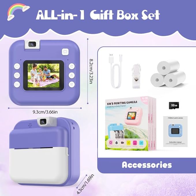 Kids Camera Instant Print with Flip Lens, Digital Camera Print Photos for Toddler Toys, HD Camcord 1080P Video, Portable Travel Toys Birthday Gift for 4 5 6 7 8 9 10 Years Girls Boys Purple