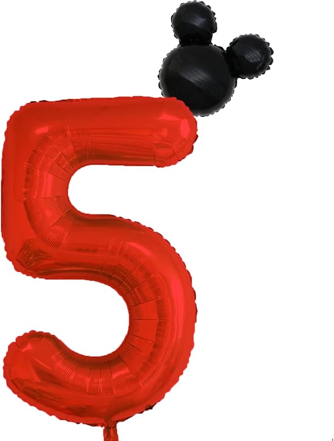 40 inch Red Number 5 Balloon & Mini Mouse Head Balloon, 5th Birthday Party Decoration Balloons, Cartoon Mouse Birthday Party Supplies Baby Shower Decoration, Red Black Theme Party Decorations Supplies