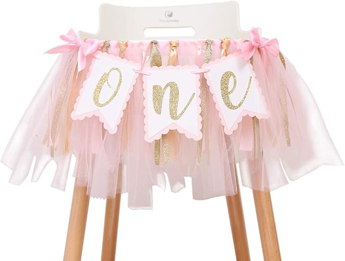 Highchair Banner 1st Birthday Girl - Tulle And Ribbon Banner For First Birthday, Cake Smash Photo Prop, Party Supplies (Pink)