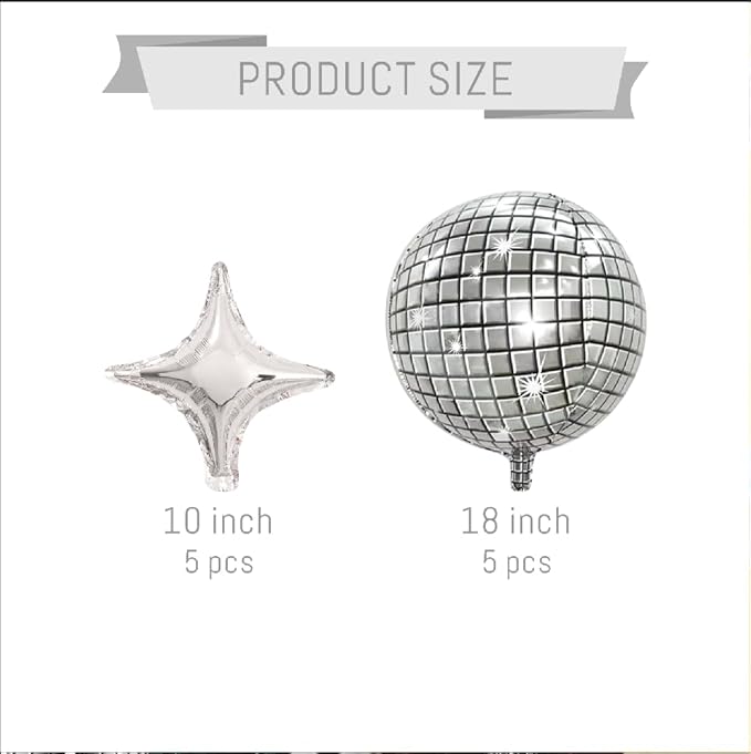 FBQ 10 Pcs Silver Balloon Disco Balloon Star Balloons Disco Party Mirror Foil Balloon 70s 80s 90s Dance Party Birthday Themed Decorations Supplies