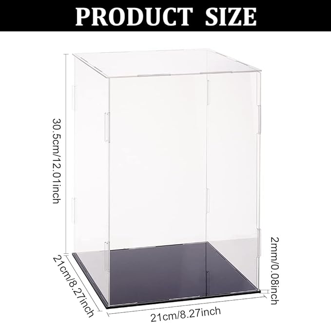 FINGERINSPIRE Plastic Minifigure Display Cases 8.3x8.3x12inch Clear Dustproof Action Figure Display Box with Black Base Display Cabine for Models, Building Blocks, Doll and Collection