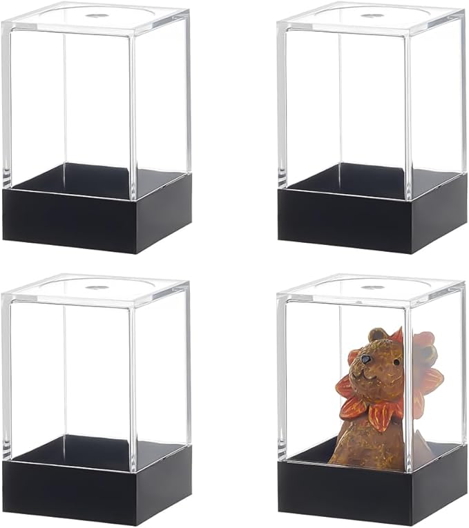 FINGERINSPIRE 4 Pcs Small Rectangle Plastic Collectibles Case 1.5x1.5x2.7inch Black Base Clear Lid Storage Box Mini Dustproof Protection Display Box for Action Figures Miniature Doll Models Crystals