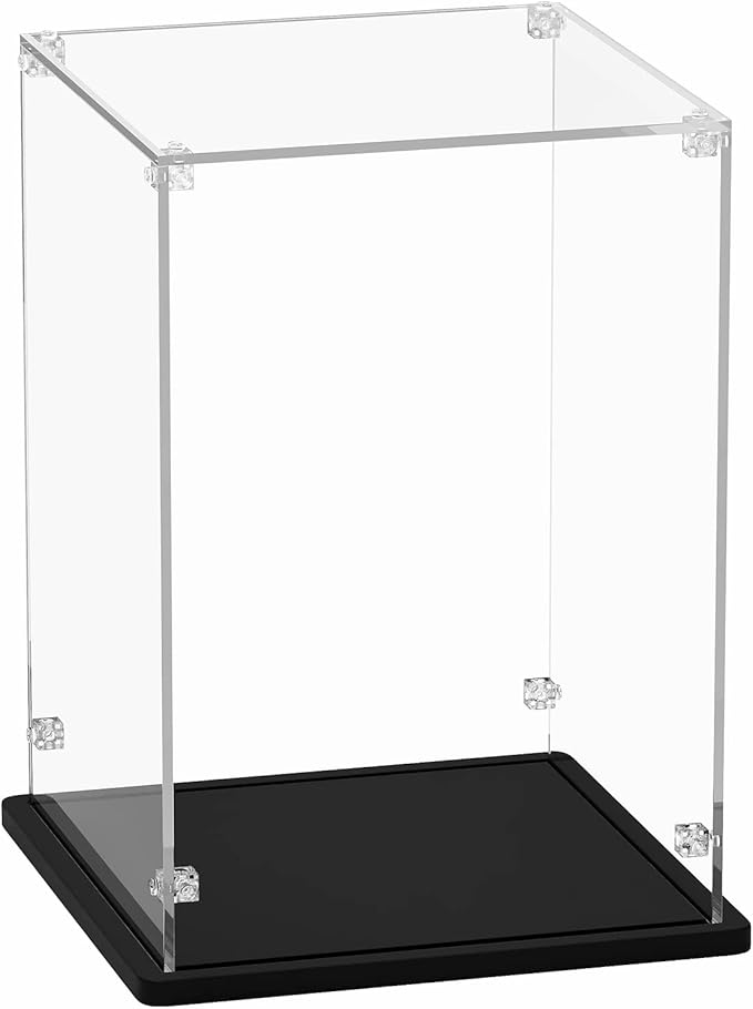 Acrylic Display Case 10x10x14 Inch - 3mm Thick Acrylic Display Box with Black Wooden Base, Assemble Dustproof Showcase Clear Display Case for Collectibles Figures Doll Toys Models Organizing